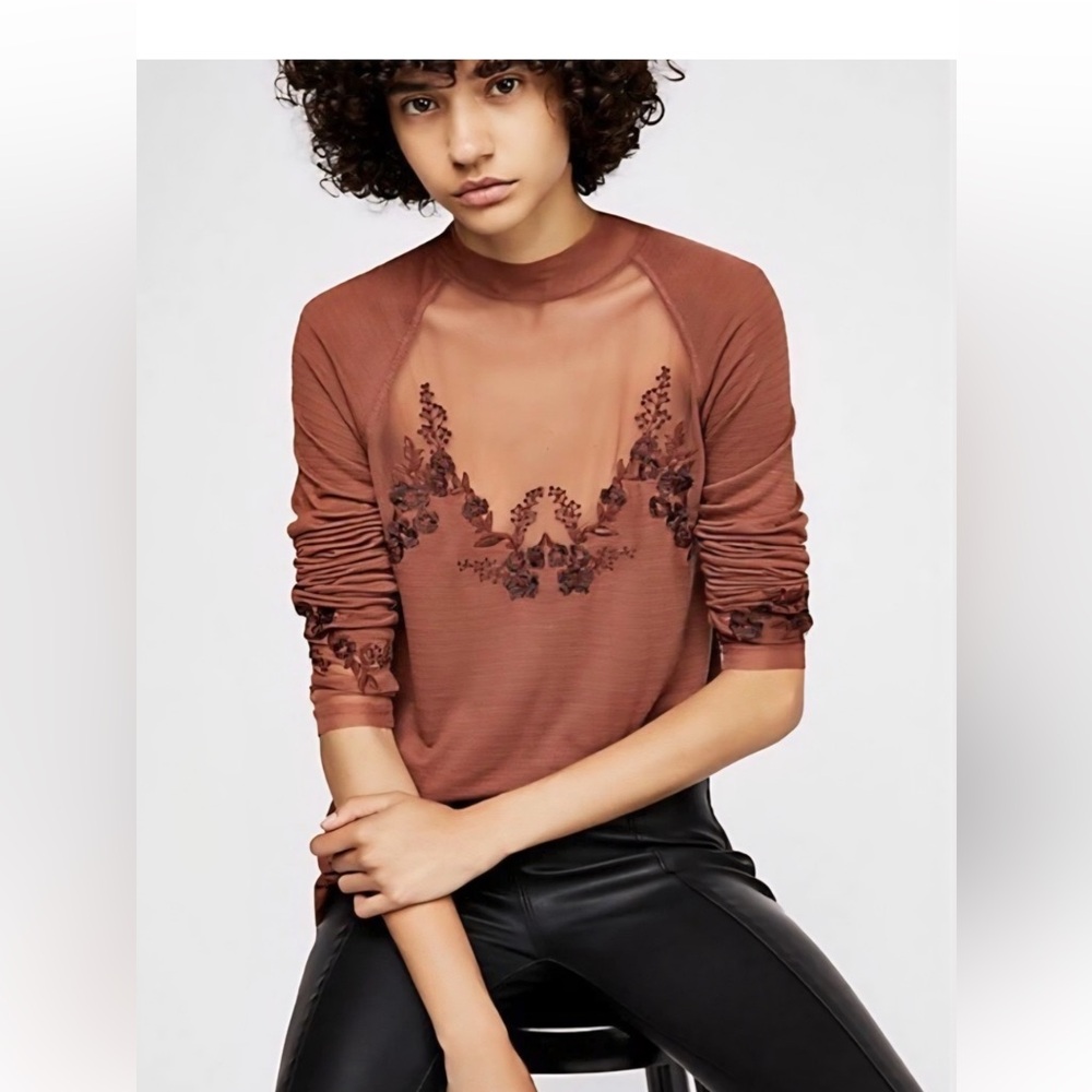 Free People Rust Brown Long Sleeve Embroidered Tunic